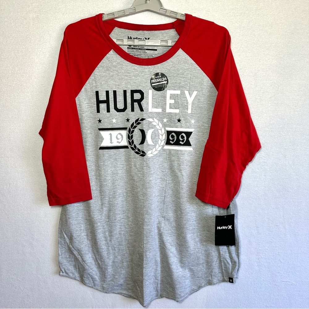 Hurley Jersey T Shirt Men's XL Gray Red 3/4 Sleeves Logo Premium Fit Tee New